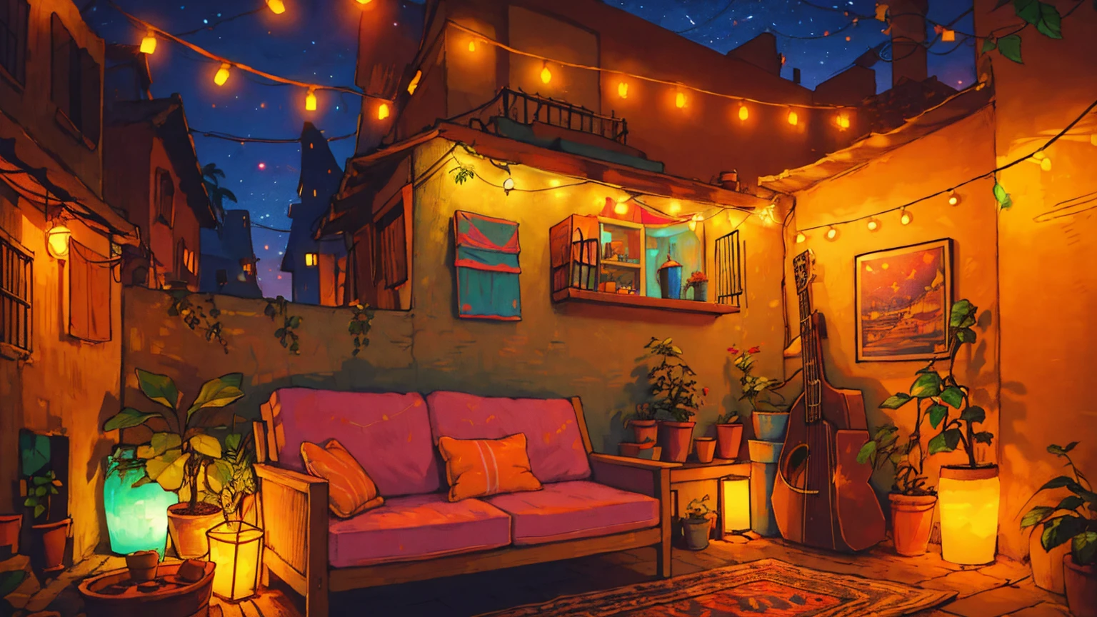 wide sight, cozy terrace, sofa, orange string lights, potted tropical plants with leaves, gypsy aesthetic, starry pink blue sky, Earthy tones, colorful string lights, guitar, cabain, wallpaper boho, decorations, warm atmosphere, night time, micro landscape, intrinsic details