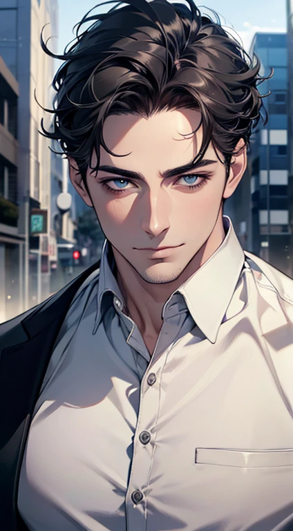 (best quality,4k,8k,highres,masterpiece:1.2),ultra-detailed,(realistic,photorealistic,photo-realistic:1.37),1 man,31 years old,mature man,very handsome,without expression,smile,short grey black hair,blue eyes,penetrating gaze,perfect face without errors,imposing posture,businessman,office background,cinematic lighting,hdr image
