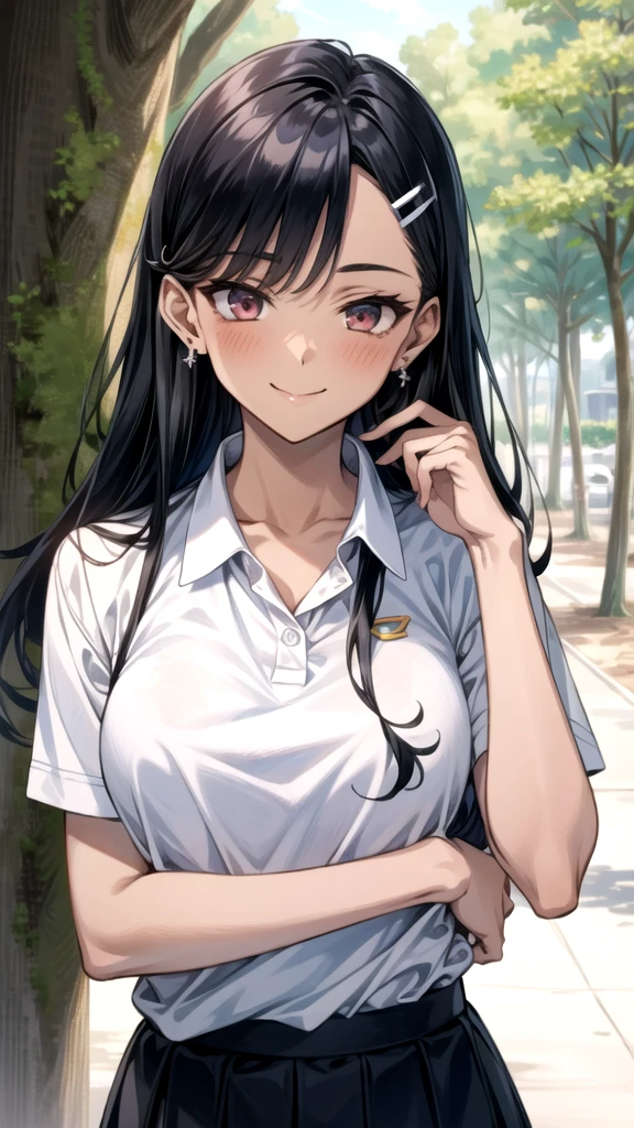 ((best quality)), ((masterpiece)), (details), one girl, sexy ((best quality)), ((masterpiece)), (details), one girl, sexy ((best quality)), ((masterpiece)), (details), one girl, full body, sexy expensive body, expensive, long legs, mature woman, mature, adult, it_nagatoro_main, Hayase Nagatoro, one girl, blushing, alone, uniform polo shirt, short sleeves, black hair,brown eyes, hair accessory, looking at viewer, hair clip, smiling, long hair, dark skinned woman, dark skin, , bangs, daytime, skirt, collared shirt, collarbone, ear clip, mouth closed, tree, asymmetrical bangs, upper body