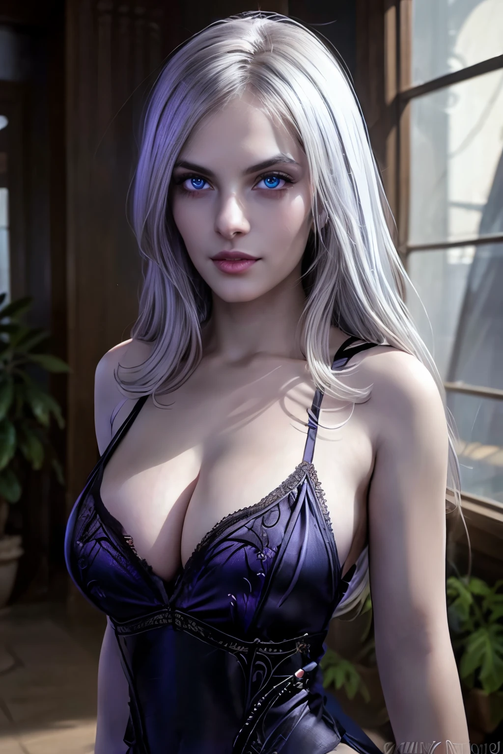 Portrait of a dark elf drow beautiful ager, Sydney Cole, minthara, intricate dress, soft smile, huge natural lips, short silver white hair, blue-grey eyes, dark lavender colored skin, cleavage, huge heaving breasts, realism, digital painting, concept art, smooth, sharp focus, rule of thirds, Style-Psycho