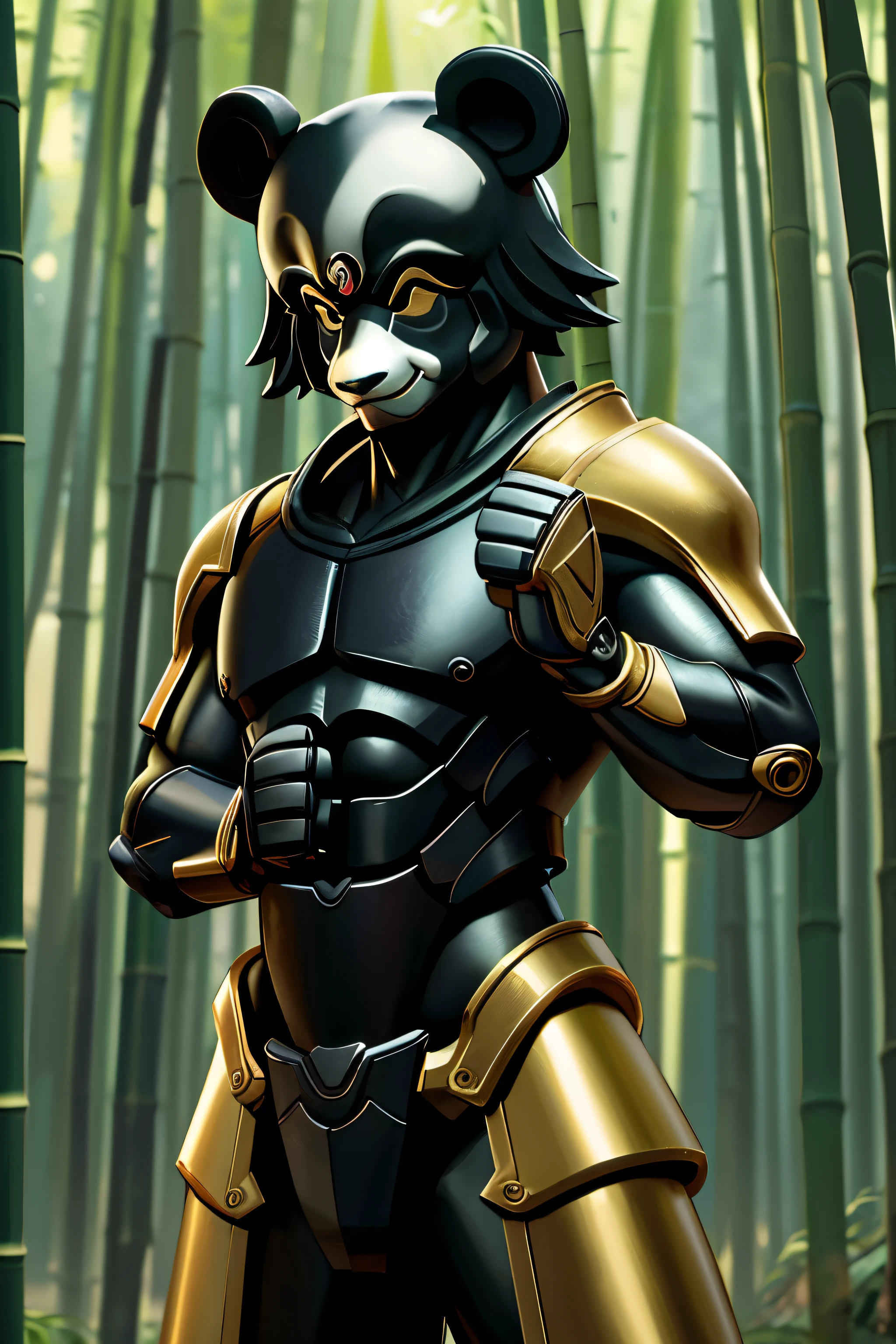 (masterpiece, best quality:1.2),3d,panda,Cute,,machine parts,Metallic color,Bamboo forest background,Kung Fu Action,Dark theme,Gear Body,Multiple colors,HD,Empty fist,European and American style,Unique