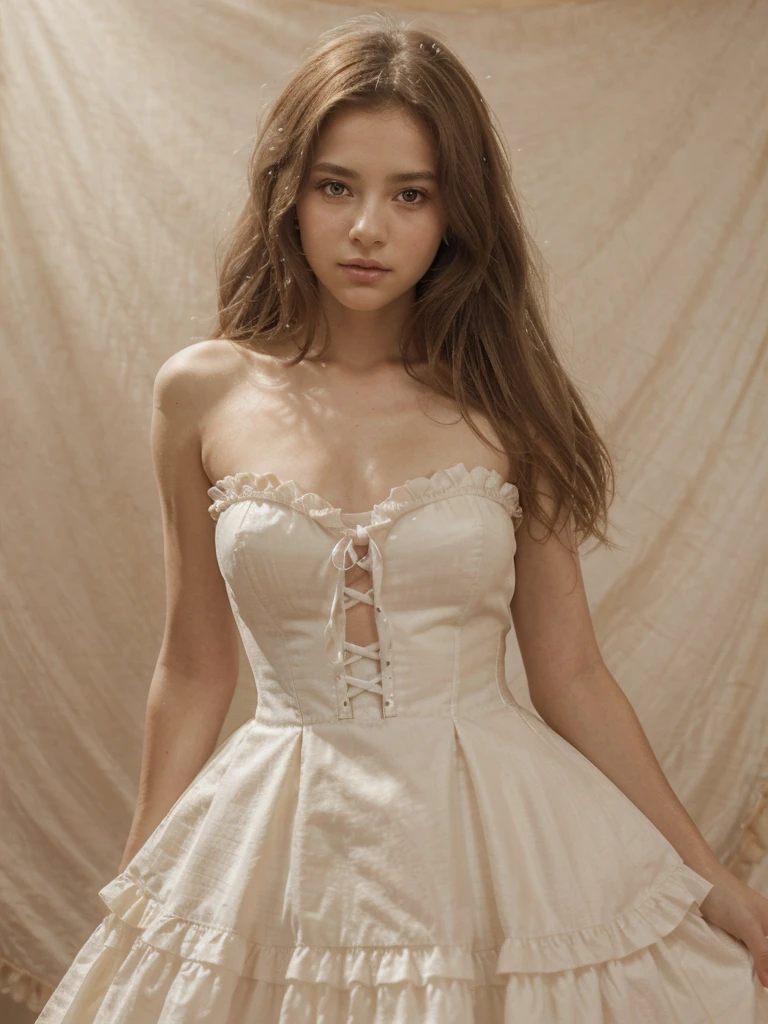 Beautiful girl, shy girl, anime girl, 13yo, posing for the camera, fantasy art style, light brown hair with long curls,  body shape, fluffy strapless white dress, white corset, lolita style dress, exaggerated crinoline, parted lips, light amber eyes, high resolution photography, cozy chic, portrait photography, natural lighting, soft focus, studio lighting, golden hour, delicate intricate details