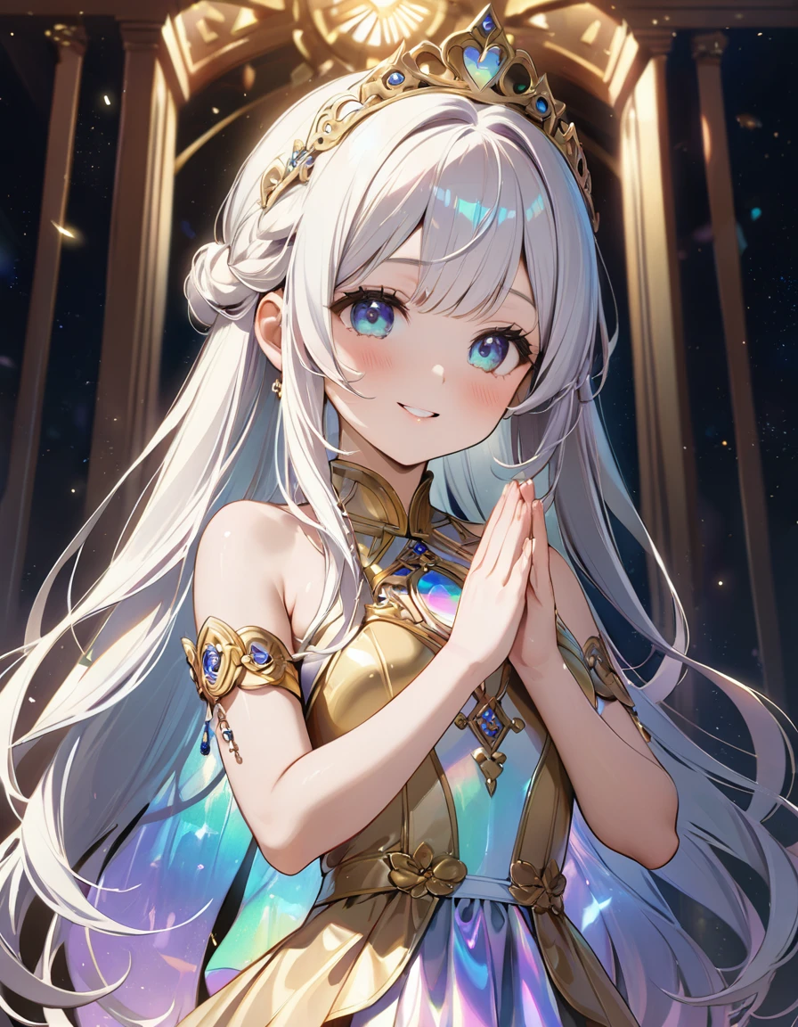 (8K, best quality, master piece: 1.2),super high resolution,1 girl is Aphrodite,18yo,solo,detailed cute face, pretty baby face, ultra cute kawaii, smile,detailed eyes,white hair,long hair,arched little crown,(Aphrodite),Gold Dress,straight hair,(iridescent light:1.4),standing,praying hands,Palace of the Gods