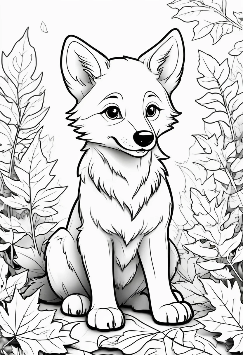 A clean and simple black and white drawing to color, featuring an adorable wolf cub. the little wolf will be sitting on a pile of dry leaves, showing his cheerful spirit. The illustration is designed with bold, thick lines, perfect for children to fill in with color. The overall style is reminiscent of classic cartoon characters, creating a cheerful and pleasant atmosphere., illustration, illustration