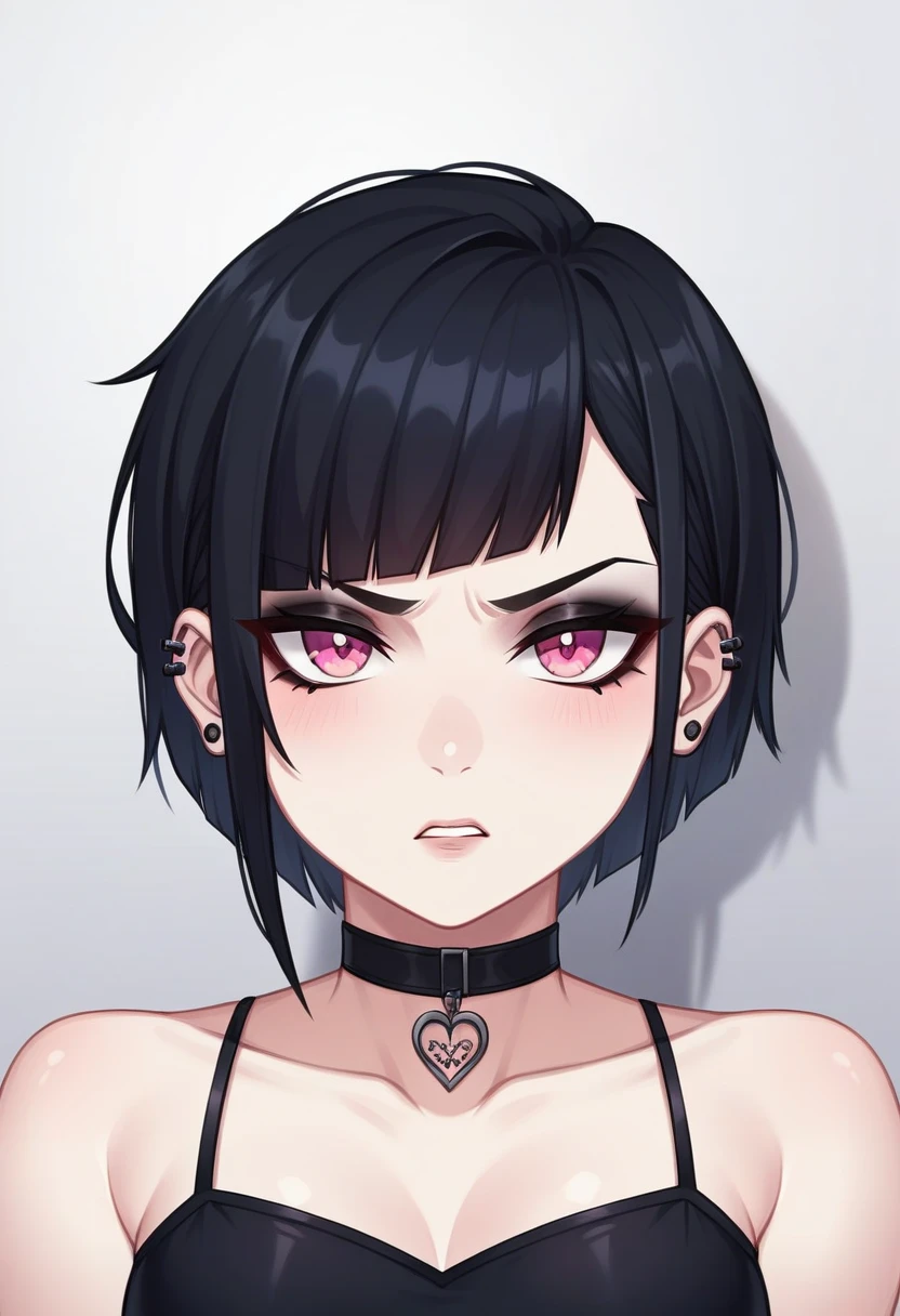 Adult, Female, Black hair, goth girl, pink eyes gothic aesthetic, goth clothing, goth make up, thick thighs, medium chest, annoyed, disgruntled bedroom, gothic bedroom, aesthetic bedroom, Masterpiece, Accurate, Anatomically Correct, Best Quality, High Details, Detail, Super Detailed, Best detail, Perfect detail, Amazing detail, [-3, 3], Close-Up, perfect body, best body, amazing body, Looking at viewer, front facing, upper body shot