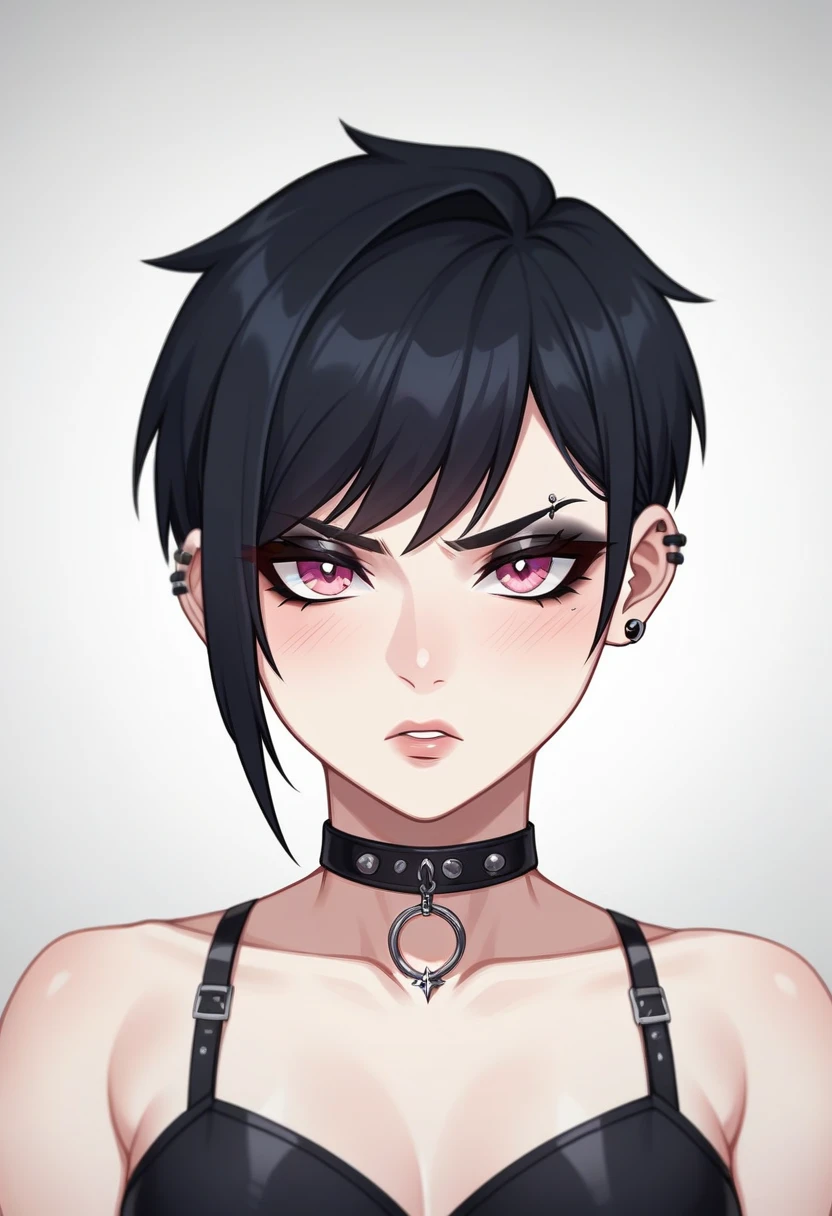 Adult, Female, Black hair, goth girl, pink eyes gothic aesthetic, goth clothing, goth make up, thick thighs, medium chest, annoyed, disgruntled bedroom, gothic bedroom, aesthetic bedroom, Masterpiece, Accurate, Anatomically Correct, Best Quality, High Details, Detail, Super Detailed, Best detail, Perfect detail, Amazing detail, [-3, 3], Close-Up, perfect body, best body, amazing body, Looking at viewer, front facing, upper body shot