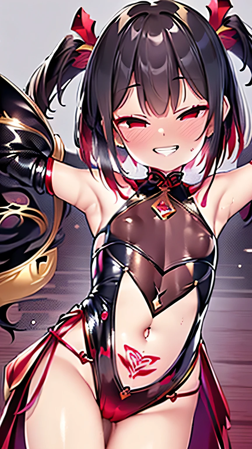 (8K、Highest image quality、best quality、masterpiece)、Delicate face、((one ))、Black Hair、Hammerhead、Bangs、Red Eyes、Smile、((Grin))、((Small Breasts))、((Red Chinese clothes))、completion、put hands on the hip、Cowboy shooting、City background