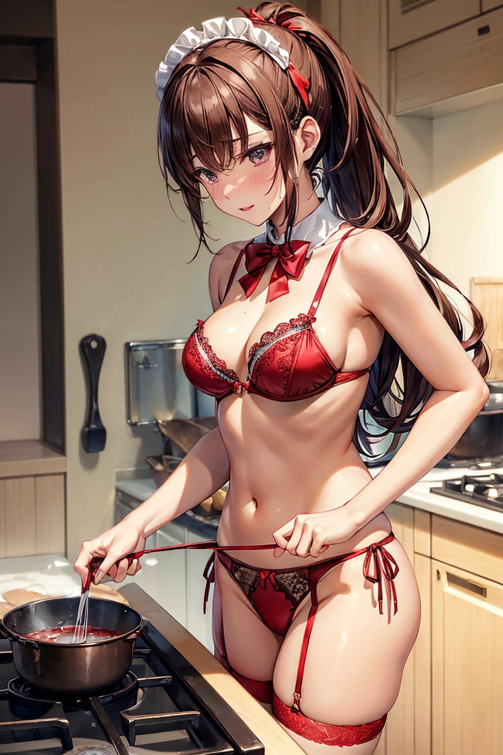 (((masterpiece, Highest quality, High resolution, 超High resolution, Perfect Pixel, Depth of written boundary, 4K, RTTX 10.0))), Beautiful Anime Woman, Beautiful art style, Anime characters, ((Smooth texture, Realistic texture, Anime CG Style)), Exact finger count、Exact number of legs、(Exact number of arms:1.0, Exact number of hands:1.0), (Perfect hands, Perfect Anatomy), Cinematic, Realistic, Extremely detailed CG, Daytime lighting, Perfect lighting, Best Shadow, The best natural light, whole body, Perfect body, バランのとれたPerfect body, Perfectly balanced style, Slender body, ((Long Hair, bangs, Reddish brown hair, ponytail)), ((A cute adult woman is cooking:1.8)), (pussy juice:1.5), ((Bow tie around neck:1.3), (Sexy and cute red underwear:1.3), (Stylish shiny red satin panties, Side-tie panties, Panties with plain red center and lace decoration on the sides:1.3), (Thin panties:1.3), (Red Micro Lace Satin Bra, Red bra with lace trim, Thin bra:1.3), (garter belt, Garter Strings, Knee socks:1.3):1.3), (Beautiful big , Cleavage:1.1), (Embarrassed expression:1.7), blush, (Stylish kitchen, In the middle of cooking, Dishes lined up in the kitchen:1.5), naked, In underwear, (A maid-like frilly headband:1.1), Angle from the front