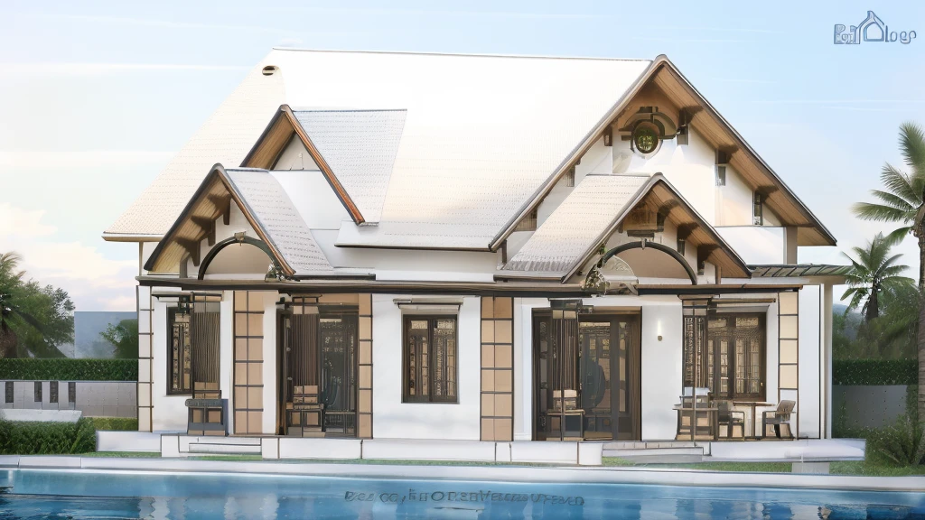 decked house with pool and patio with a patio and dining room, well-designed masterpiece, vivid and detailed, smooth and clean lines, neo-classical, neo-classical, Residential design, exterior design, render to resolute perfection , clean line, rich house, lively and balanced, crisp smooth clean line, with a lush lawn, majestic masterpiece
