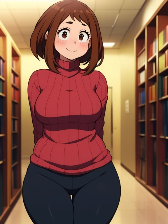  high quality, best quality, beautiful, perfect lighting, detailed face, mature face, ((1girl)), ((solo)), Imagine Ochaco Uraraka as an adult, 45 years old, short brown hair, brown eyes, ((blush)), smile, looking at viewer, black leggings, turtleneck sweater, ((medium breasts)), wide hips, thick thighs, chubby, library, arms behind back,