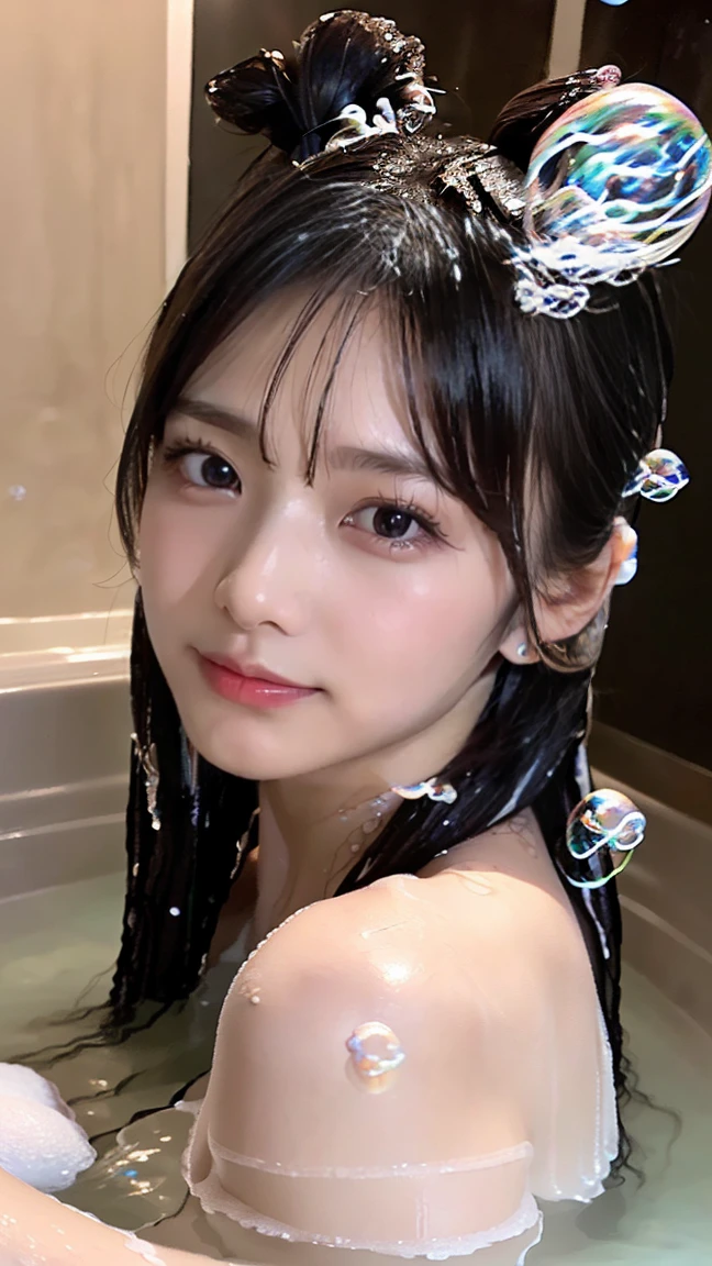 (masterpiece, Highest quality:1.3), smile、(Very detailed:1.2), (hyperRealistic:1.3), (RAW Photos:1.2),High resolution raw color photos, Professional photos, (PhotoRealistic:1.4), (Realistic:1.4),(Small Nose:1.4)、(smile:1.4)、Big eyes、(Focus on the face:1.8)、Long eyelashes、Professional Lighting, Perfect Anatomy, (Super big breasts:1.2), (Detailed face), (Cute appearance:1.5), (Long black hair、Bun Hair:1.5),  (Beautiful woman taking a bubble bath: 1.3)、(Take a bath full of bubbles:2.0)、(Selfie:1.4)