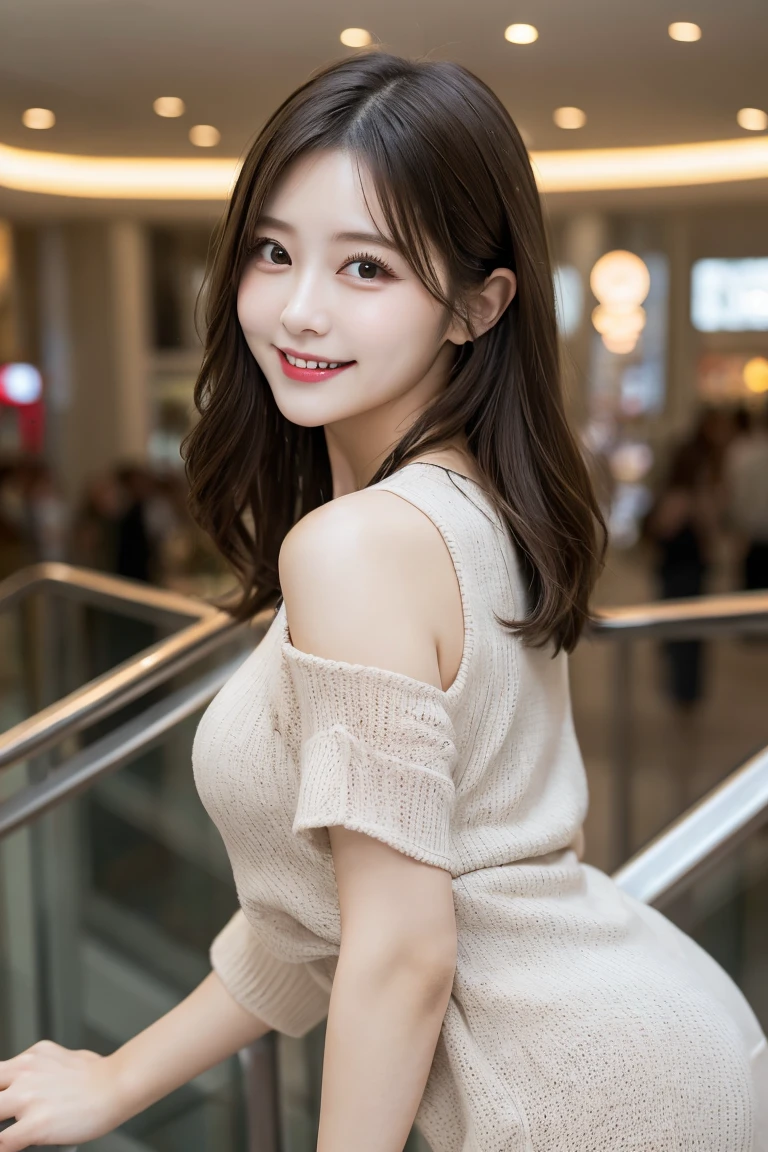 Shopping mall landing stairs , Highest quality, shape, Very detailed, In detail, High resolution, 8k wallpaper, Perfect dynamic composition, Beautiful details,  Natural Lip, Too cute outfit, Big Breasts, , She is smiling in a cute pose.., A masterpiece of the whole body, Side Short