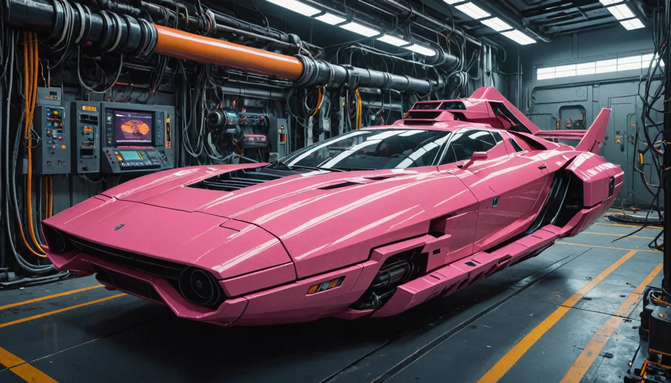 (cyber pink gigafactory:1.5), machinery, nowheels hovercar, (pink:3), (robotics:1.3), hyperfuturistic, robot arm, exposed engine, wires, gears, beam, factory BREAK orange cybernetics facility, broken hovercar, sharp focus, 3d, 4k, 8k, pipes, cables, machines, (scifi), unpainted, scratched paint, scrap, futuristic