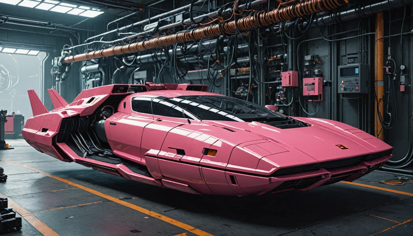 (cyber pink gigafactory:1.5), machinery, nowheels hovercar, (pink:3), (robotics:1.3), hyperfuturistic, robot arm, exposed engine, wires, gears, beam, factory BREAK orange cybernetics facility, broken hovercar, sharp focus, 3d, 4k, 8k, pipes, cables, machines, (scifi), unpainted, scratched paint, scrap, futuristic