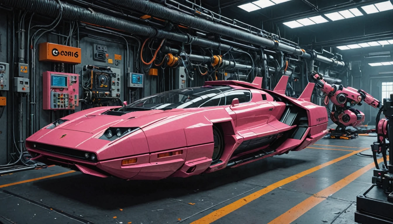 (cyber pink gigafactory:1.5), machinery, nowheels hovercar, (pink:3), (robotics:1.3), hyperfuturistic, robot arm, exposed engine, wires, gears, beam, factory BREAK orange cybernetics facility, broken hovercar, sharp focus, 3d, 4k, 8k, pipes, cables, machines, (scifi), unpainted, scratched paint, scrap, futuristic