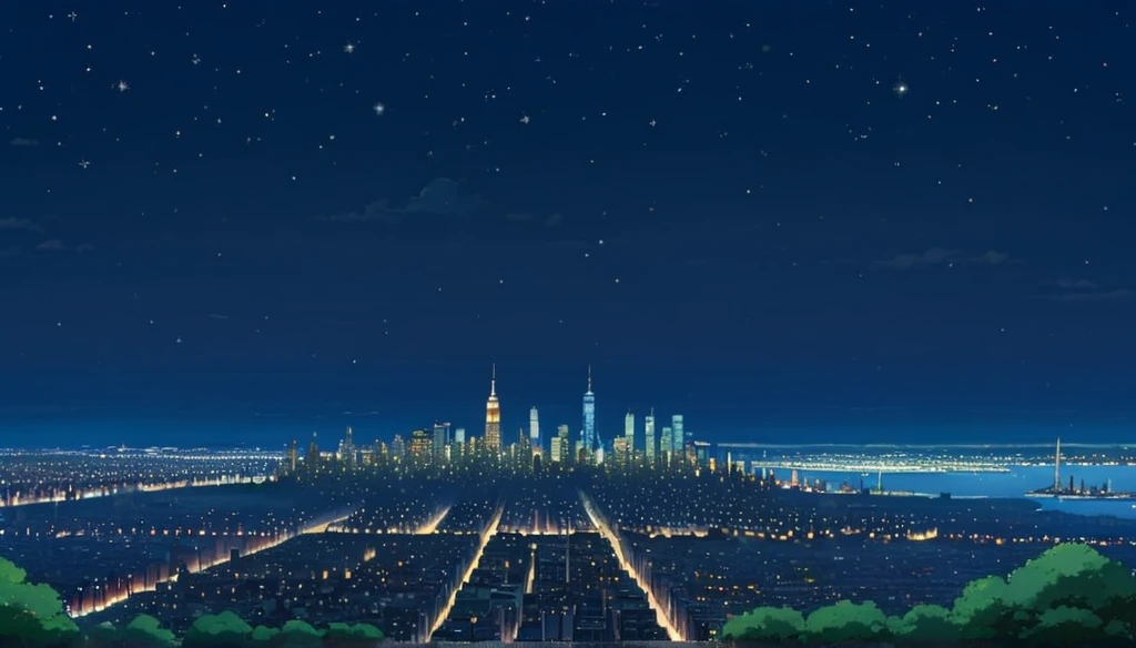 ghibli style, Hayao Miyazaki, A quiet and sparkling night view of New York. A wonderful night view from a hill in the distance, with the night sky visible at the same time.