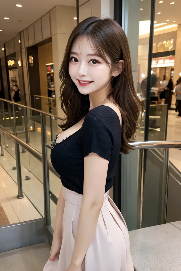 Shopping mall landing stairs , Highest quality, shape, Very detailed, In detail, High resolution, 8k wallpaper, Perfect dynamic composition, Beautiful details, Natural Lip, Too cute outfit, Big Breasts, , She is smiling in a cute pose.., A masterpiece of the whole body, Side Short