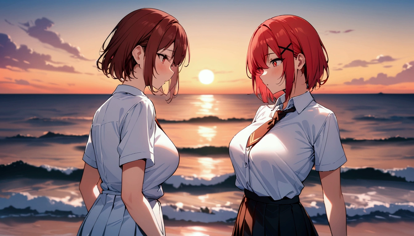 short hair, (Red hair:1.2), x Hair ornament, Red eyes,tie, girl,One person, Collared shirt, White shirt, Short sleeve, Pleated skirt, student, Highest quality, masterpiece, High resolution,Large Breasts、summer、Sunset、sunset、Ocean岸、Ocean