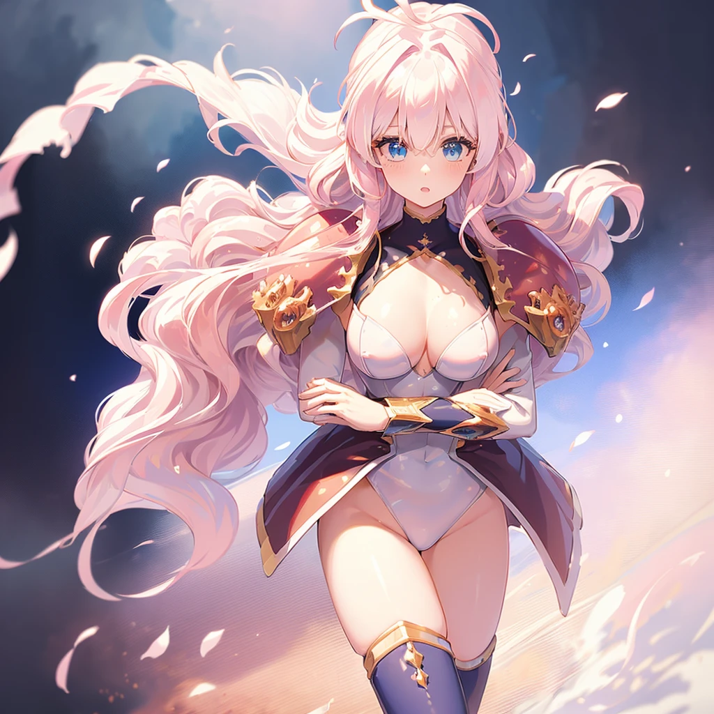(high quality, 8k, 4K, high contrast, artwork:1.2, high quality, best aesthetics), (centered), ((1 woman)), erotic, sensual, sexy woman, mature body, super detailed, beautiful face detailed, beautiful eyes detailed, detailed beautiful mouth, perfect breats, perfect wide thighs, (light pink hair, long light pink hair, wavy light pink hair), (blue eyes), (white medieval armor with pink details), (pink ruffed skirt), (shoulder pads), (cleavage on breasts), (long white cape), (pink angel halo), (calm expression), (standing), (looking at the viewer)