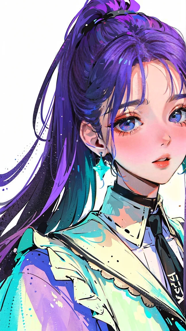 (Portraits:1.4), (masterpiece:1.2, best quality:1.2), from above, upper body, 1girl, Look up, face focus, extremely detailed face, extremely detailed eyes, good-looking, make up, fashion wear, earrings, purple hair, long ponytail, long bangs, forehead showing, wearing grasses, smiling a little, cool vibes