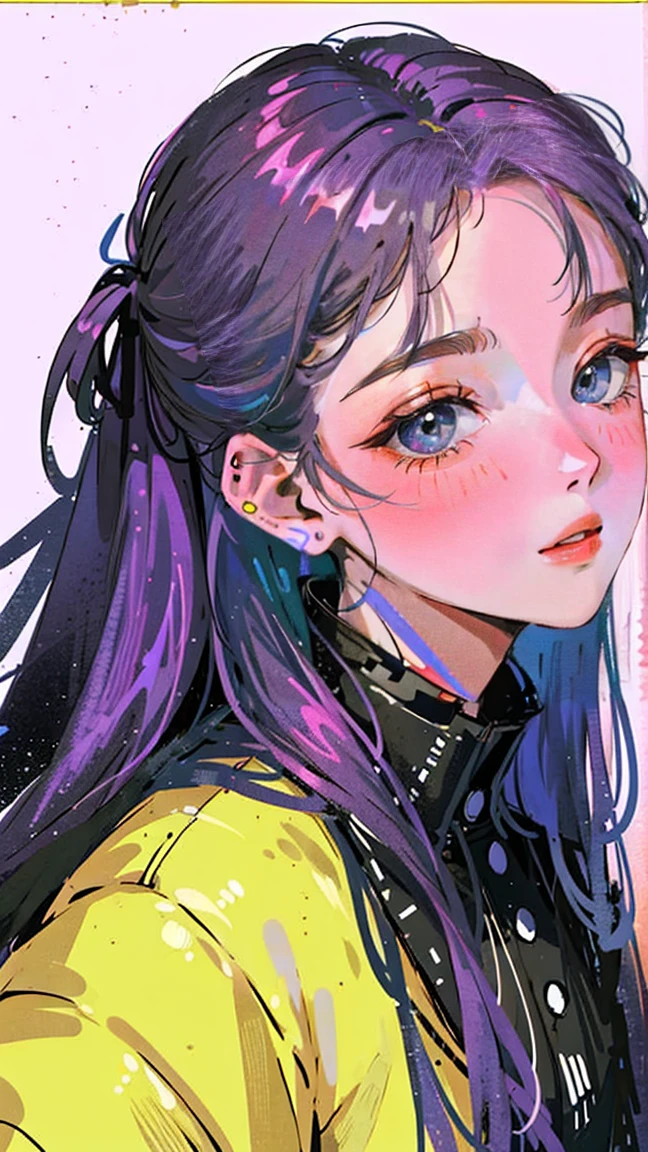 (Portraits:1.4), (masterpiece:1.2, best quality:1.2), from above, upper body, 1girl, Look up, face focus, extremely detailed face, extremely detailed eyes, good-looking, make up, fashion wear, earrings, purple hair, long ponytail, long bangs, forehead showing, wearing grasses, smiling a little, cool vibes