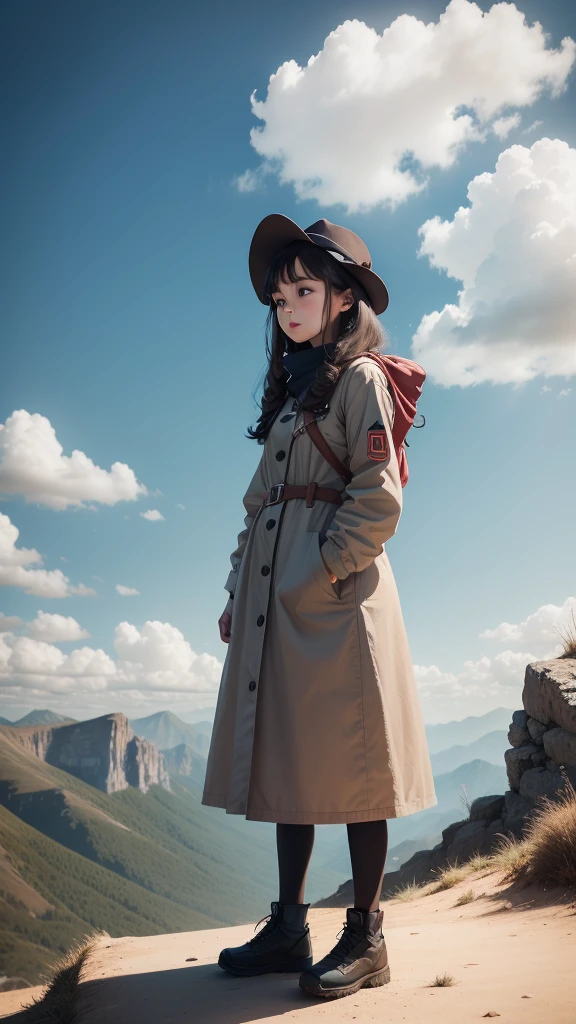 Alon girl,heart broken,standing mountain,watch sky, day