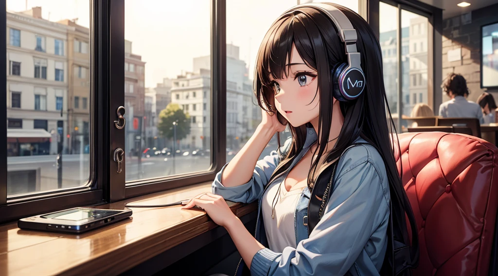 Girl with headphones enjoying music in a cafe　I am studying　Emphasize a little bit of the chest