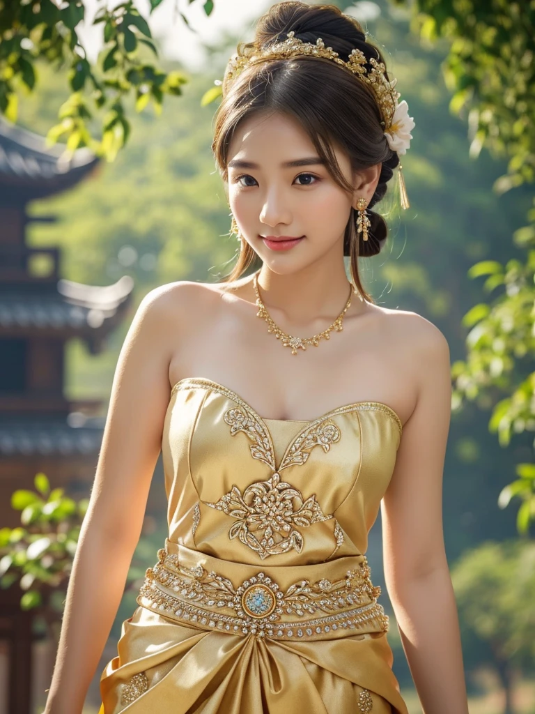 Detailed faces, Clear face, Beautiful Girl, Asian makeup, Red lips, Brown hair, Crown, medium body, big breasts, Thai fairy costume, Antique, mid-sexy dress, Red costume, HD, fuul body, Evening light, flower garden background. Gorgeus Girl, Beautiful, Baby Face, 20 Years Old, White Skin, red lipstick, sensual Lipstick, Colossal Breasts, Movie Lighting, Futuristic, ((Cleavage)), white-Gold Classy Lace G-string, Rose Eye, Muscles, Bokeh, Masterpiece, Medium Bob, Rose-Gold Hair, Smile, sensational make up