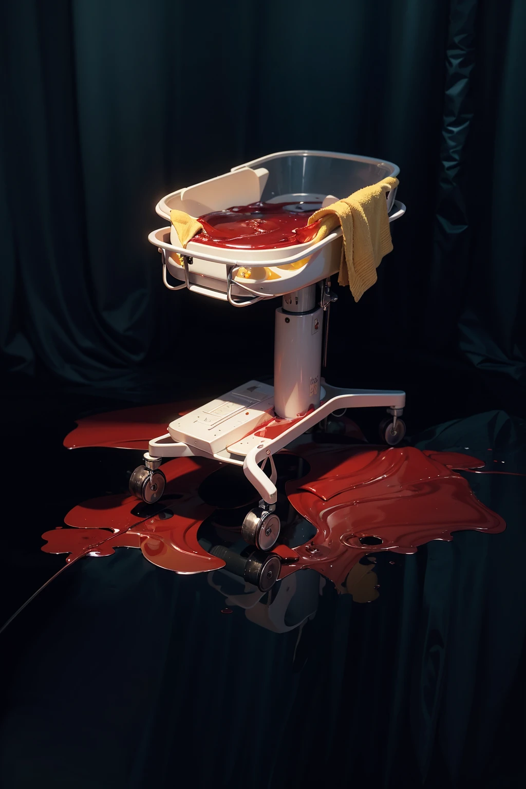 The image depicts a medical baby trolley covered in red liquid stains resembling blood. The liquid has spilled onto the floor around the trolley, creating the impression of a recent or ongoing event. A yellow towel is also hanging on the trolley. The scene is lit in a way that the black curtains in the background add dramatic contrast, emphasizing the disturbing nature of the image. аffects render, (glossy plastic texture with multiple big light probe refractions), perfect cgi, smooth silhouette, high intensity refraction, (super glossy plastic material), most beautiful vfx, , realistic, 4k, high resolution, rim light, smooth 3d model, multiple light sources, rim light, sharp post effects render,, realistic, 4k, high resolution, rim light detailed digital art, reflective, best quality, 4k, masterpiece:1.2, ultra-detailed, realistic, vivid colors, The image of the highest quality, ensuring every detail showcased perfectly. It in 4k resolution, allowing viewers to immerse themselves in the richness of the colors and intricate details. The realistic rendering. under the spotlight, reflecting, high-resolution image, realistic rendering