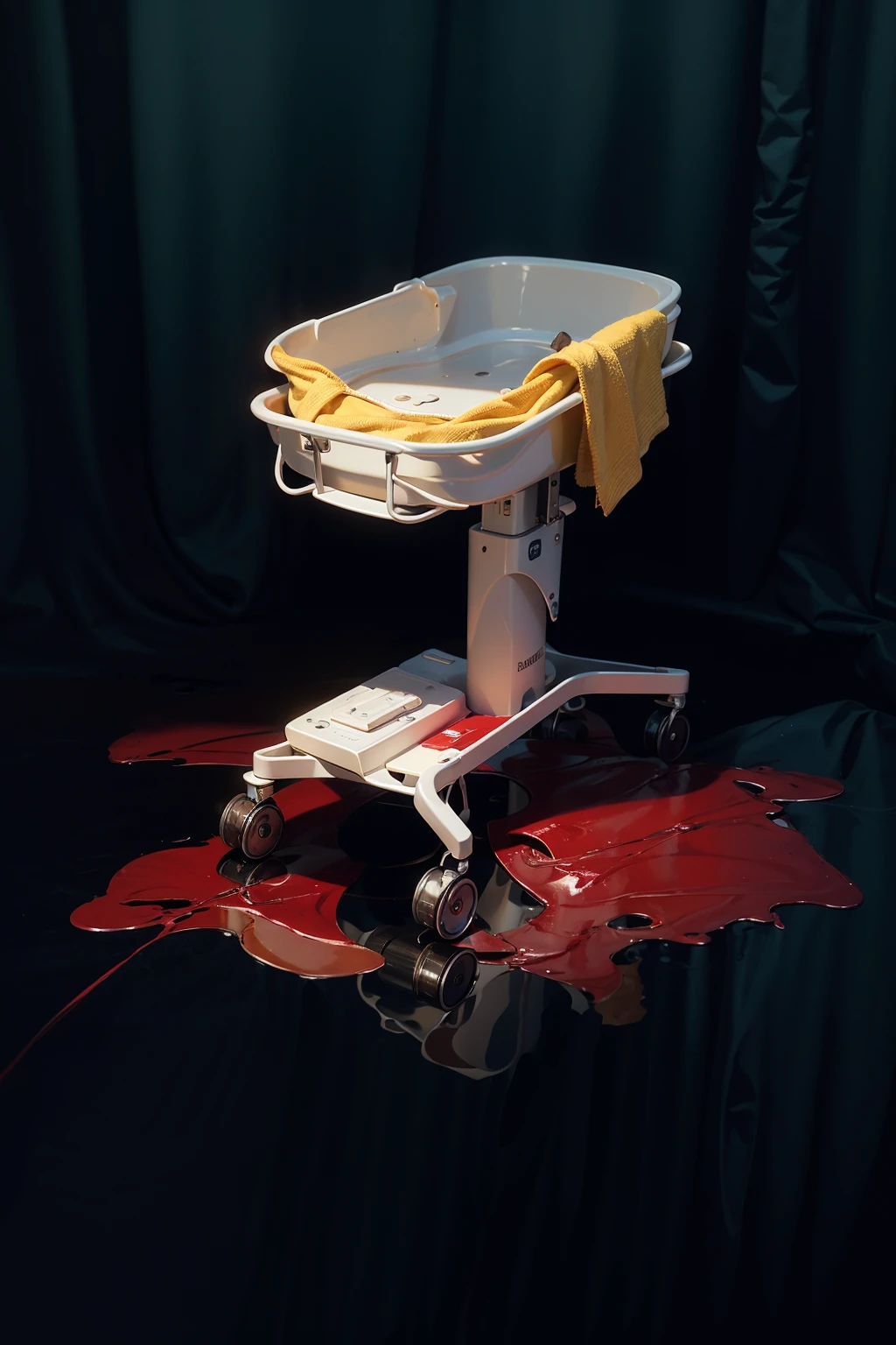 The image depicts a medical baby trolley covered in red liquid stains resembling blood. The liquid has spilled onto the floor around the trolley, creating the impression of a recent or ongoing event. A yellow towel is also hanging on the trolley. The scene is lit in a way that the black curtains in the background add dramatic contrast, emphasizing the disturbing nature of the image. аffects render, (glossy plastic texture with multiple big light probe refractions), perfect cgi, smooth silhouette, high intensity refraction, (super glossy plastic material), most beautiful vfx, , realistic, 4k, high resolution, rim light, smooth 3d model, multiple light sources, rim light, sharp post effects render,, realistic, 4k, high resolution, rim light detailed digital art, reflective, best quality, 4k, masterpiece:1.2, ultra-detailed, realistic, vivid colors, The image of the highest quality, ensuring every detail showcased perfectly. It in 4k resolution, allowing viewers to immerse themselves in the richness of the colors and intricate details. The realistic rendering. under the spotlight, reflecting, high-resolution image, realistic rendering