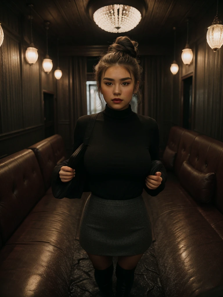 (full body shot:1.3), Best quality, 20y, (chubby:1.2), 1girl, kazakh, wearing sweater and skirt, big breast, (sexy:1.2) (messy bun hairstyle:1.2), hair blowing in the wind, moody, deep shadow, (dramatic posing:1.2), sofa, in vintage bar, detailed face and eyes, (perfect object:1.2), portra 400, (cinematic dark lighting:1.3), (ultra highres;1.3), highly detailed:1.3), masterpiece, (sharp focus:1.2), beautiful film bokeh, (surreal view:1.5), candid style, shot by zenit camera with 35mm lens, Portrait by annie leibovitz