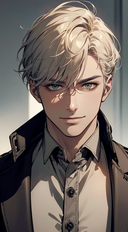 ((a mature man, very handsome, smile in love, short grey golden hair, green eyes, perfect face without errors)), ((buttoning the jacket, CEO)), (best quality, masterpiece, 8K, photorealistic, cinematic lighting, hdr image, ultra detailed, beautiful image), (portrait, detailed facial features, intricate textures, realistic skin tones, highly detailed, ultra-realistic), (warm lighting, soft shadows, dramatic lighting), (muted color palette, rich tones), (professional photography, high resolution, studio lighting)