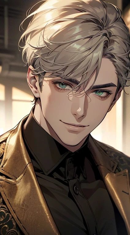 ((a mature man, very handsome, smile in love, short grey golden hair, green eyes, perfect face without errors)), ((buttoning the jacket, CEO)), (best quality, masterpiece, 8K, photorealistic, cinematic lighting, hdr image, ultra detailed, beautiful image), (portrait, detailed facial features, intricate textures, realistic skin tones, highly detailed, ultra-realistic), (warm lighting, soft shadows, dramatic lighting), (muted color palette, rich tones), (professional photography, high resolution, studio lighting)