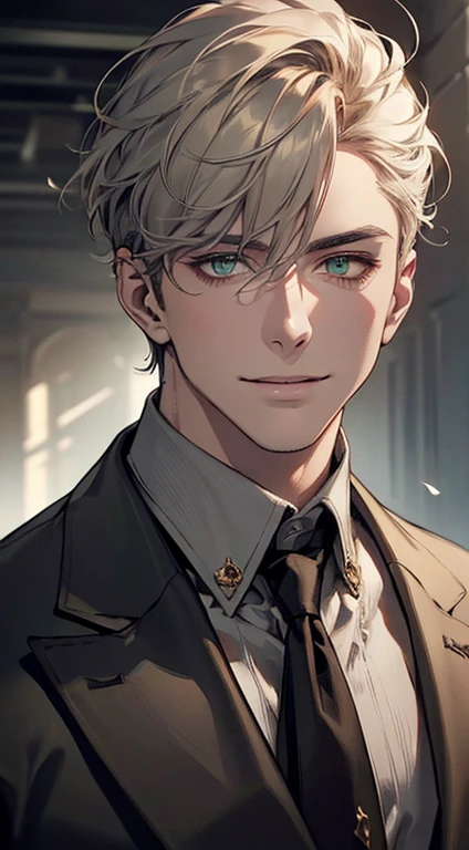 ((a mature man, very handsome, smile in love, short grey golden hair, green eyes, perfect face without errors)), ((buttoning the jacket, CEO)), (best quality, masterpiece, 8K, photorealistic, cinematic lighting, hdr image, ultra detailed, beautiful image), (portrait, detailed facial features, intricate textures, realistic skin tones, highly detailed, ultra-realistic), (warm lighting, soft shadows, dramatic lighting), (muted color palette, rich tones), (professional photography, high resolution, studio lighting)