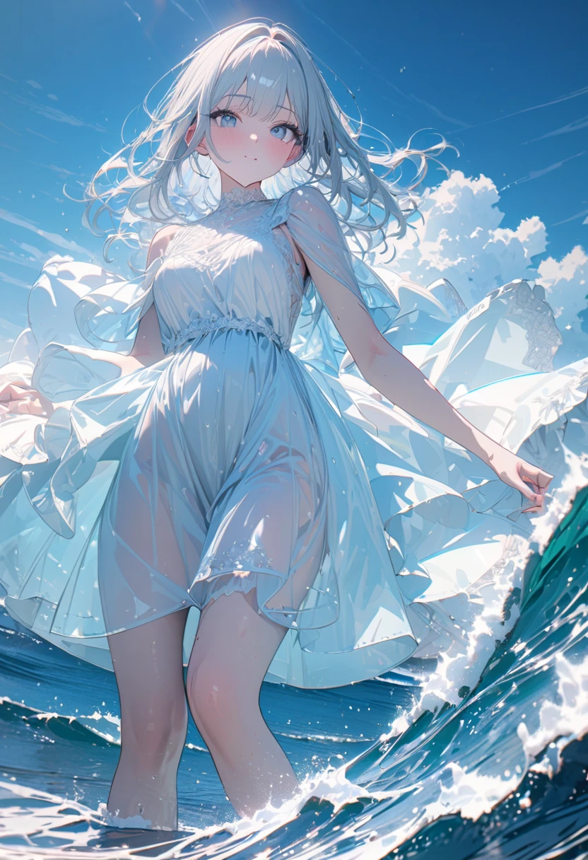 Super detailed, masterpiece, 8k, Angelic, 1 girl, Focus on the girl, dress, Wave, blue Ocean, Clear Color, bright, Ocean, transparent