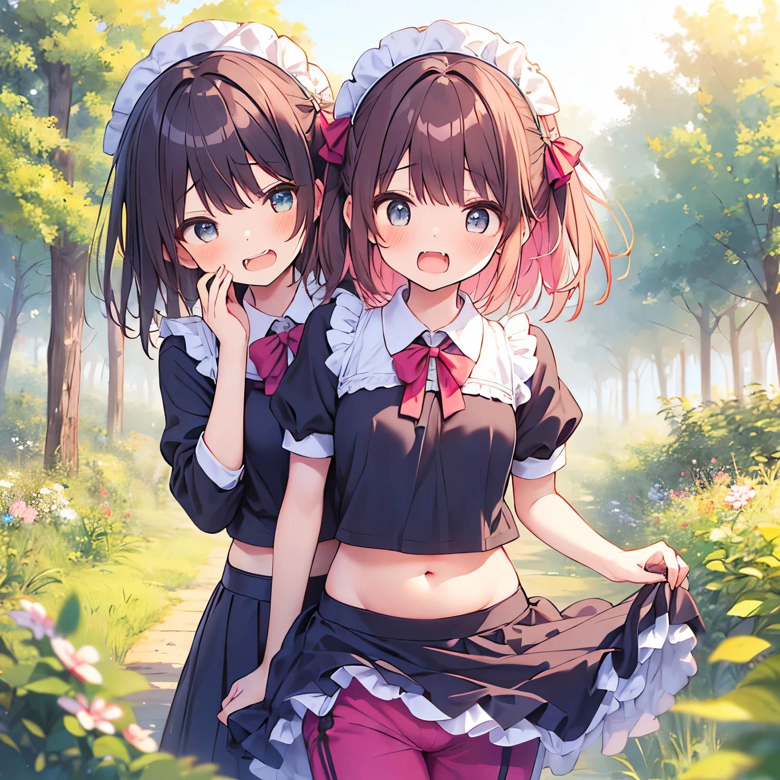 ((日本人のgirl1人、aldult)), ( small)), Black Hair、Brown Hair、masterpiece, 最high quality, high quality, Highly detailed 8K wallpapers,Beautiful Eyes、in the forest、Pink Hair、Tropics、Extreme heat、Heavy breathing、breathe、Sweat、Head ornament、cute girls、Cute Maid、Bold Pose、(Open your mouth、Small fangs、Embarrassed face、teethぁ、:teeth)、Big nipples、Waiting for orders、No fixes、Wave、(girl、classmate、Squid Belly、Wearing pink)、（No underwear）、Beautiful flat breasts、（激しいSweat）、(Saliva volume:1.4）、(Elementary school girl、Cute belly、Before menarche、Abdominal distention、Cute Pants）、（stroking the stomach:2）、(A comfortable face、Beautiful Face）、（serving）、（Trembling in the lower back:2）、Life-size、In front of the camera、Walk with your feet together