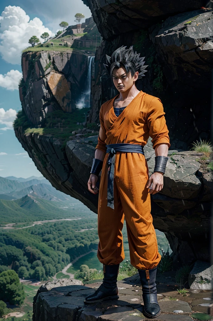 Full length Goku (from Dragon Ball), black hair, wearing Super Saiyan armor like Vegeta, standing in awe, on a cliff with tall mountains behind him, character design in the style of Rain. Der Octane More realistic than expected, extreme characters, extremely realistic characters. on a blue background