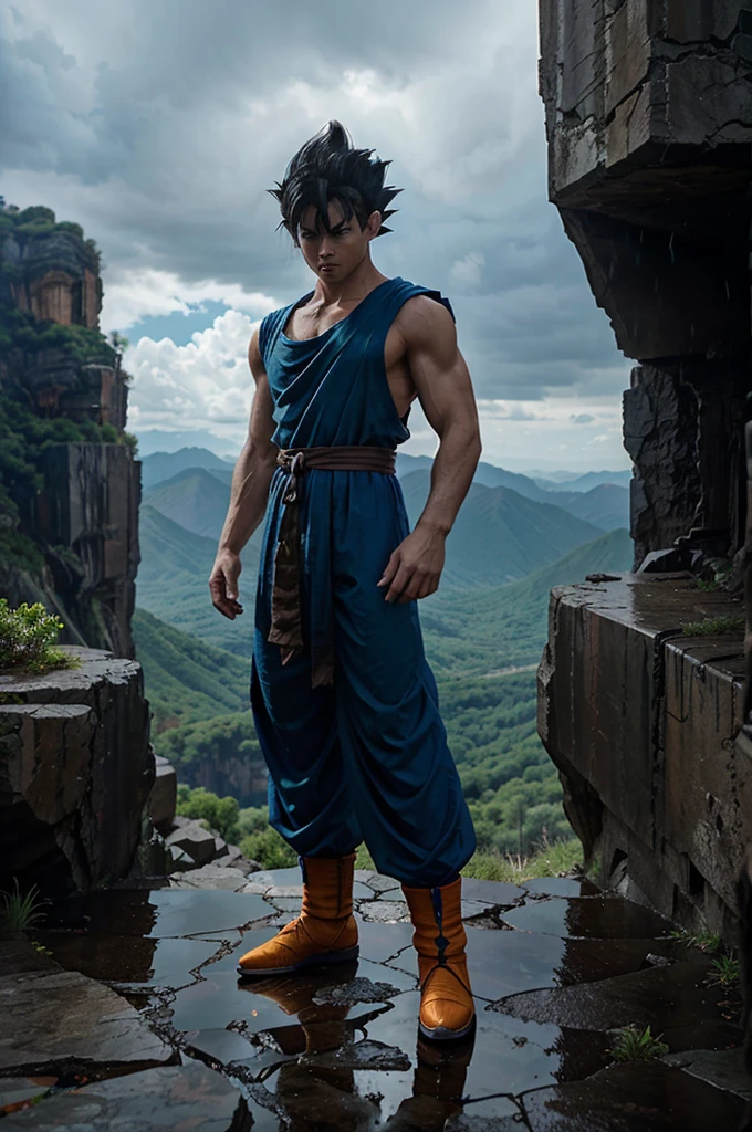 Full length Goku (from Dragon Ball), black hair, wearing Super Saiyan armor like Vegeta, standing in awe, on a cliff with tall mountains behind him, character design in the style of Rain. Der Octane More realistic than expected, extreme characters, extremely realistic characters. on a blue background