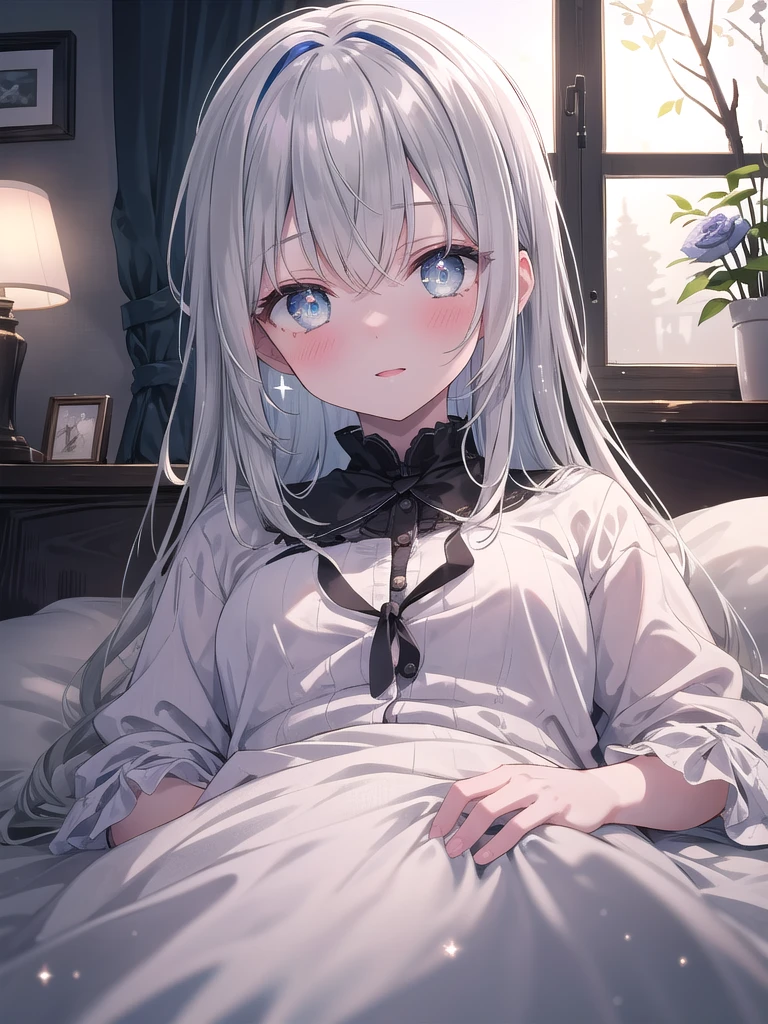 (8k, best quality, master piece: 1.2),super high resolution,1 girl, solo, ((colorshift eyes, hyperdetailed, expressive eyes)), ultra-detailed face, random hair, silver gray color, Ecstatic expression,She is lying face down on the bed, with her back facing the camera. Indirect lighting casts a warm glow in the dimly lit room. Her silver hair is tied up and flows down her back. Her hands are placed under the pillow and her face is turned to the side. Her expression is relaxed and blushing. She is gazing up at the starry sky visible through the window, creating a dim, calm atmosphere throughout the room. Indirect lighting softly illuminates the room. A double bed with shining silk sheets.