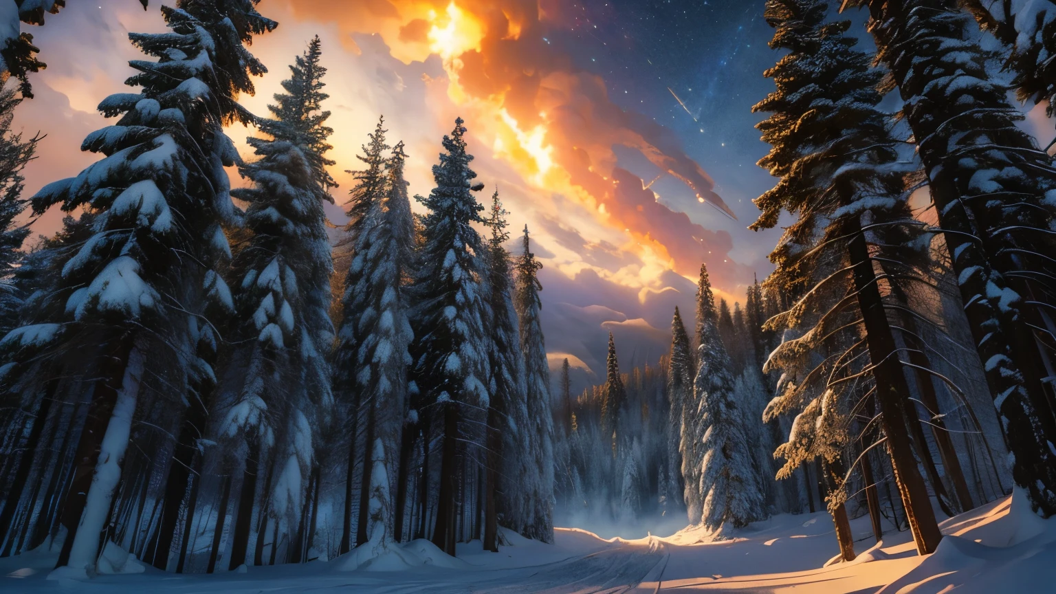 Dramatic lighting, view from one side, bright daylight, sunny, dozens of fiery comets crashing in a snowy forest