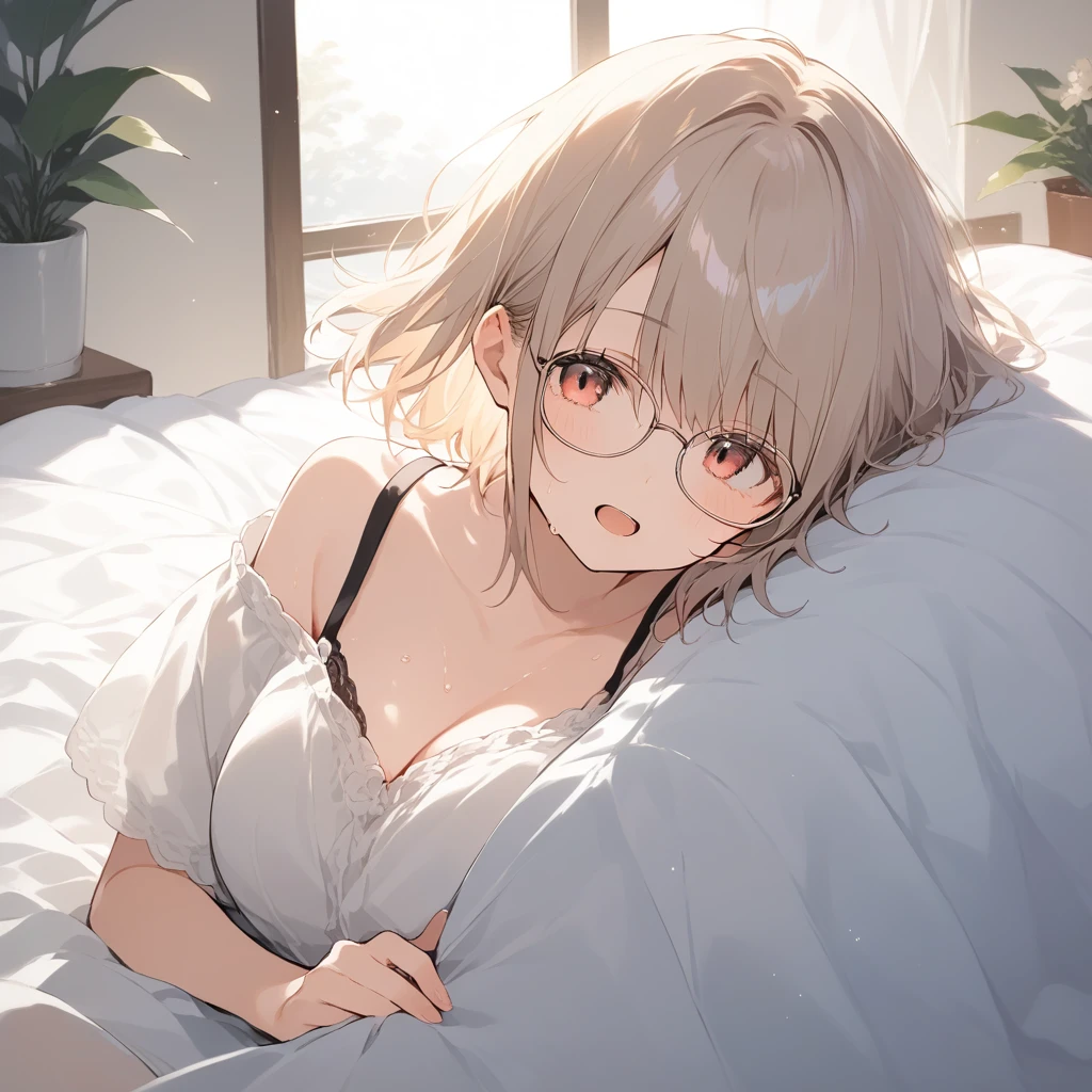 score_9, score_8_up, score_7_up, source_anime, best quality, masterpiece, official art, absurdres, highres, ultra-detailed,waifu2x,Collection: Slice of Life,break,1girl,mori girl, short hair, casual, glasses, cleavage, large breasts, beautiful detailed eyes, sweat, open mouth, sleepily, indoors, bed, wind,break,(clear line illustration:1.2), super detailed skin,very high resolution, very aesthetic, Best sexual lighting powered by famous artist, 8k,cute picture,beauty illustration,photoshop_(medium),,(Detailed Lighting),best anime 8k konachan wallpaper, pixiv contest winner,