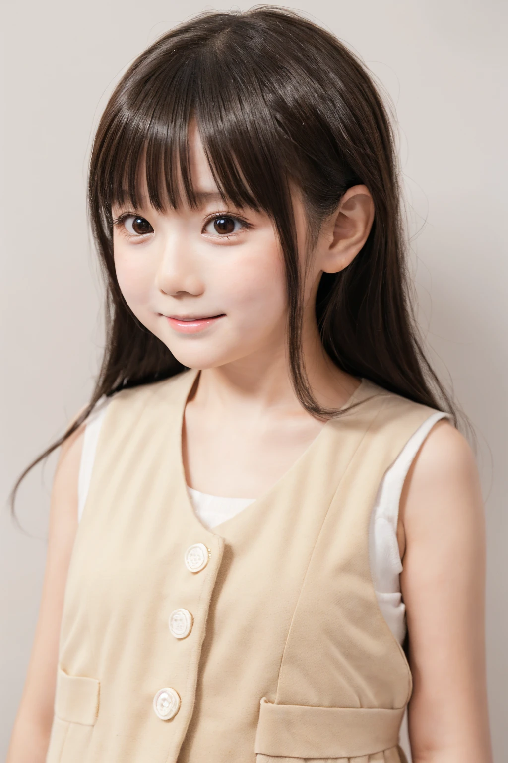 (A photo of your face:1.25), 6 years old, (baby face:1.4), (Round Face:1.4), A Japanese woman, beautiful girl, Pretty Face, (View your audience), (Standing facing the camera), (Smile), (Beige vest)、(Pure white background:1.2)