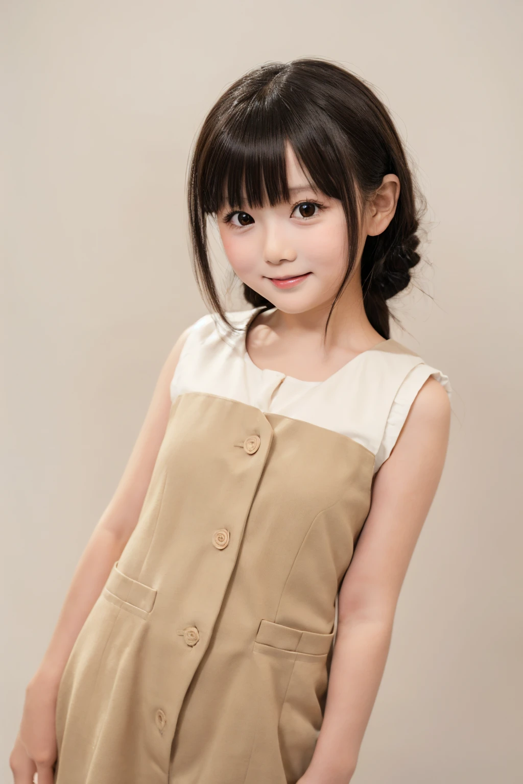 (A photo of your face:1.25), 6 years old, (baby face:1.4), (Round Face:1.4), A Japanese woman, beautiful girl, Pretty Face, (View your audience), (Standing facing the camera), (Smile), (Beige vest)、(Pure white background:1.2)