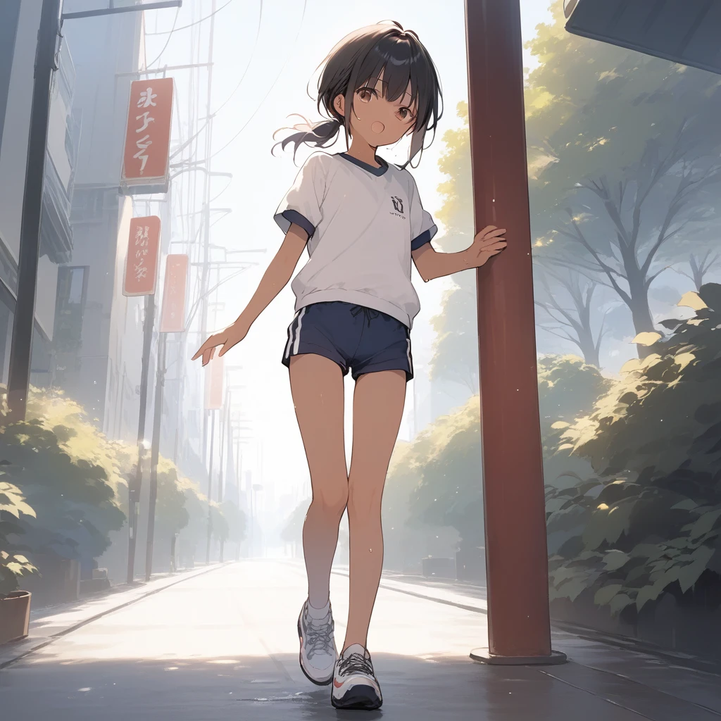 score_9, score_8_up, score_7_up, source_anime, best quality, masterpiece, official art, absurdres, highres, ultra-detailed,waifu2x,Collection: Slice of Life,break,1girl, tomboy, dark-skinned female, short hair, low ponytail, flat chest, beautiful detailed eyes, gym uniform, gym shorts, sweat, open mouth, (yawn:0.3), sleepily, outdoors, park, wind,break,(clear line illustration:1.2), super detailed skin,very high resolution, very aesthetic, Best sexual lighting powered by famous artist, 8k,cute picture,beauty illustration,photoshop_(medium),,(Detailed Lighting),best anime 8k konachan wallpaper, pixiv contest winner, 