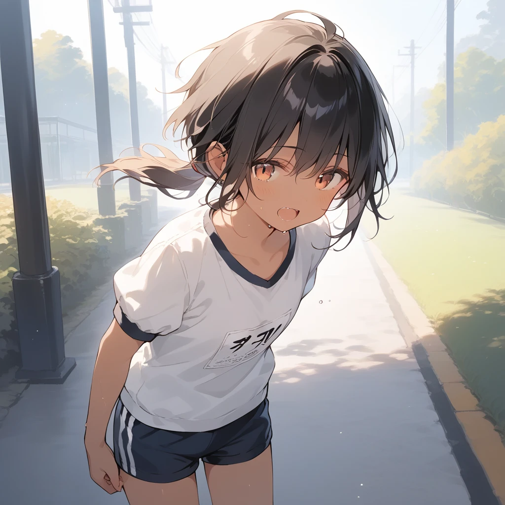 score_9, score_8_up, score_7_up, source_anime, best quality, masterpiece, official art, absurdres, highres, ultra-detailed,waifu2x,Collection: Slice of Life,break,1girl, tomboy, dark-skinned female, short hair, low ponytail, flat chest, beautiful detailed eyes, gym uniform, gym shorts, sweat, open mouth, (yawn:0.3), sleepily, outdoors, park, wind,break,(clear line illustration:1.2), super detailed skin,very high resolution, very aesthetic, Best sexual lighting powered by famous artist, 8k,cute picture,beauty illustration,photoshop_(medium),,(Detailed Lighting),best anime 8k konachan wallpaper, pixiv contest winner,