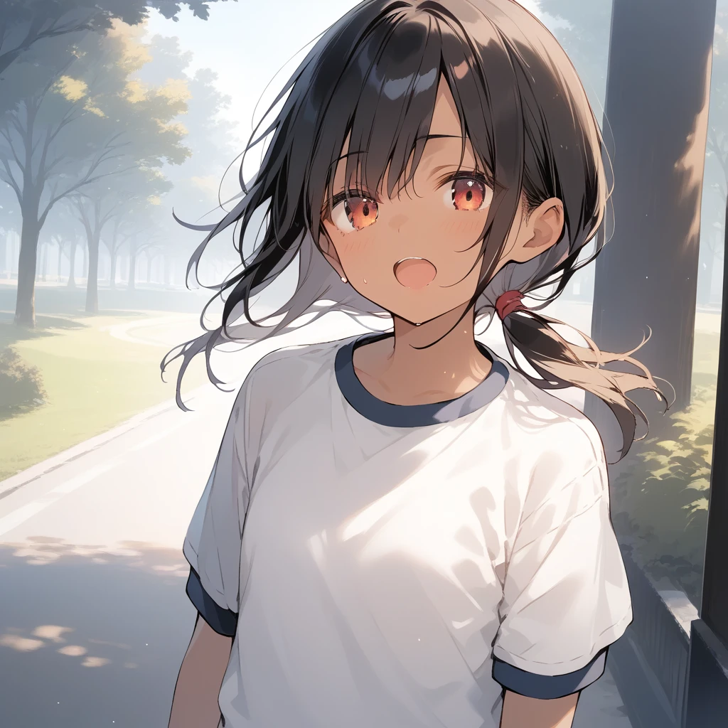 score_9, score_8_up, score_7_up, source_anime, best quality, masterpiece, official art, absurdres, highres, ultra-detailed,waifu2x,Collection: Slice of Life,break,1girl, tomboy, dark-skinned female, short hair, low ponytail, flat chest, beautiful detailed eyes, gym uniform, gym shorts, sweat, open mouth, (yawn:0.3), sleepily, outdoors, park, wind,break,(clear line illustration:1.2), super detailed skin,very high resolution, very aesthetic, Best sexual lighting powered by famous artist, 8k,cute picture,beauty illustration,photoshop_(medium),,(Detailed Lighting),best anime 8k konachan wallpaper, pixiv contest winner,