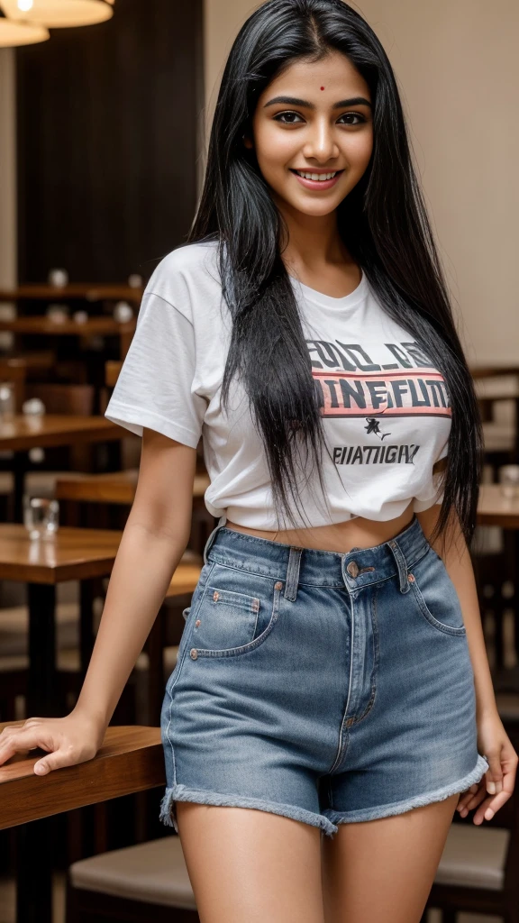 Best quality, masterpiece, high_res, indian girl, beautiful detailed face, gray eyes, red full lips, big smile, face makeup, black hair, 
Long Hair, full body cover tshirt and jeans, High Wear, Full Body Cover, Full Body Detailed, indian Effect, Multiplicity, Realistic Photos, Edge Lighting, Two-Tone Lighting, (High Detail Skin: 1.2), 8K UHD, DSLR, Soft Lighting, High Quality, Volumetric Lighting, Candid, Photography, High Resolution, 4K, 8K, Bokeh, Ridiculous, biggest ???????, wide waist, wearing tshirt and jeans very very healthy, very fatty girl, taking dinner in restaurant, seating and taking dinner, qprofessional ballet movements, a butterfly on the fingertip, captivating, water splashing, chiaroscuro, minimalist, evocative, clean background