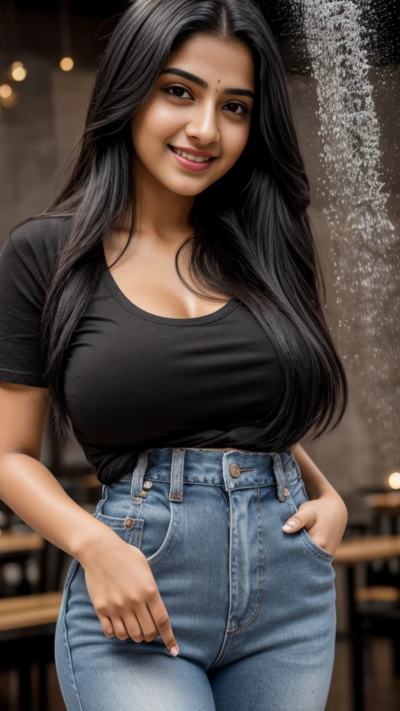 Best quality, masterpiece, high_res, indian girl, beautiful detailed face, gray eyes, red full lips, big smile, face makeup, black hair,
Long Hair, full body cover tshirt and jeans, High Wear, Full Body Cover, Full Body Detailed, indian Effect, Multiplicity, Realistic Photos, Edge Lighting, Two-Tone Lighting, (High Detail Skin: 1.2), 8K UHD, DSLR, Soft Lighting, High Quality, Volumetric Lighting, Candid, Photography, High Resolution, 4K, 8K, Bokeh, Ridiculous, biggest breasts, wide waist, wearing tshirt and jeans very very healthy, very fatty girl, taking dinner in restaurant, seating and taking dinner, qprofessional ballet movements, a butterfly on the fingertip, captivating, water splashing, chiaroscuro, minimalist, evocative, clean background