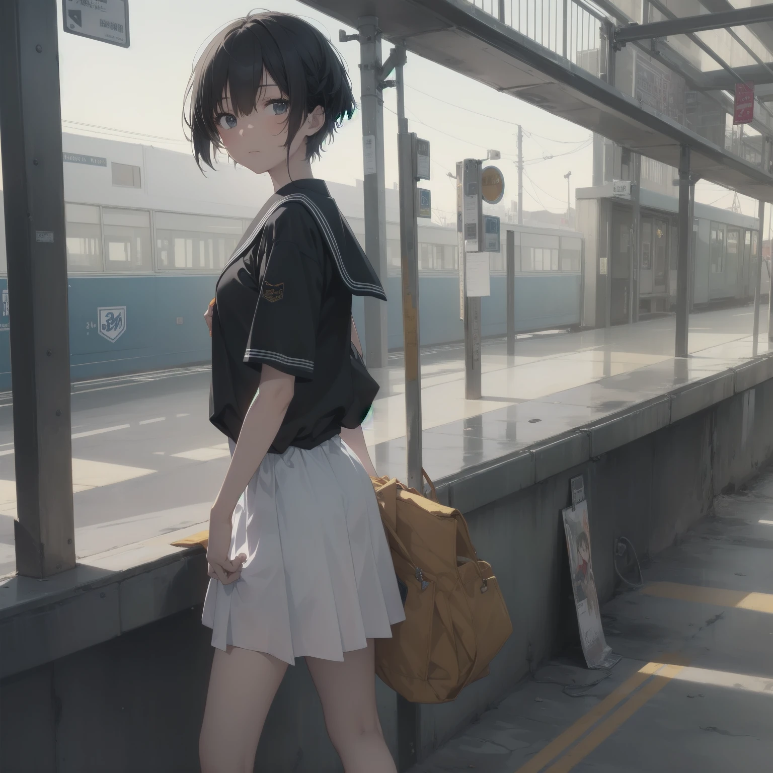 ultra-absurdres-Top quality by artist God, ultra-detailed, high resolution, anime moe artstyle, best anime 8k konachan wallpaper, pixiv contest winner, pool:2810, perfect anatomy,break, 1girl, (Please draw a girl walking sleepily to school alone. )break,(Solo,little female, 13-year-old:1.3),Full limbs, complete fingers,a junior high school student, (very short hair), short cut, flat chest, , small butt, small black eyes, beautiful detailed eyes, well-proportioned iris and pupils, expressive eyes, highres detailed hair, soft expression, salor school_uniform, sailor collar, serahuku, bow, pleated skirt,(Detailed Lighting), (Detailed background), in the School commute route. break,super detailed skin, Best cinematic lighting powered by famous artist, 8k,beauty illustration,photoshop_(medium),very aesthetic,break,((artist:kotorai )), artist:clamp ,artist:carnelian ,artist:kantoku ,
