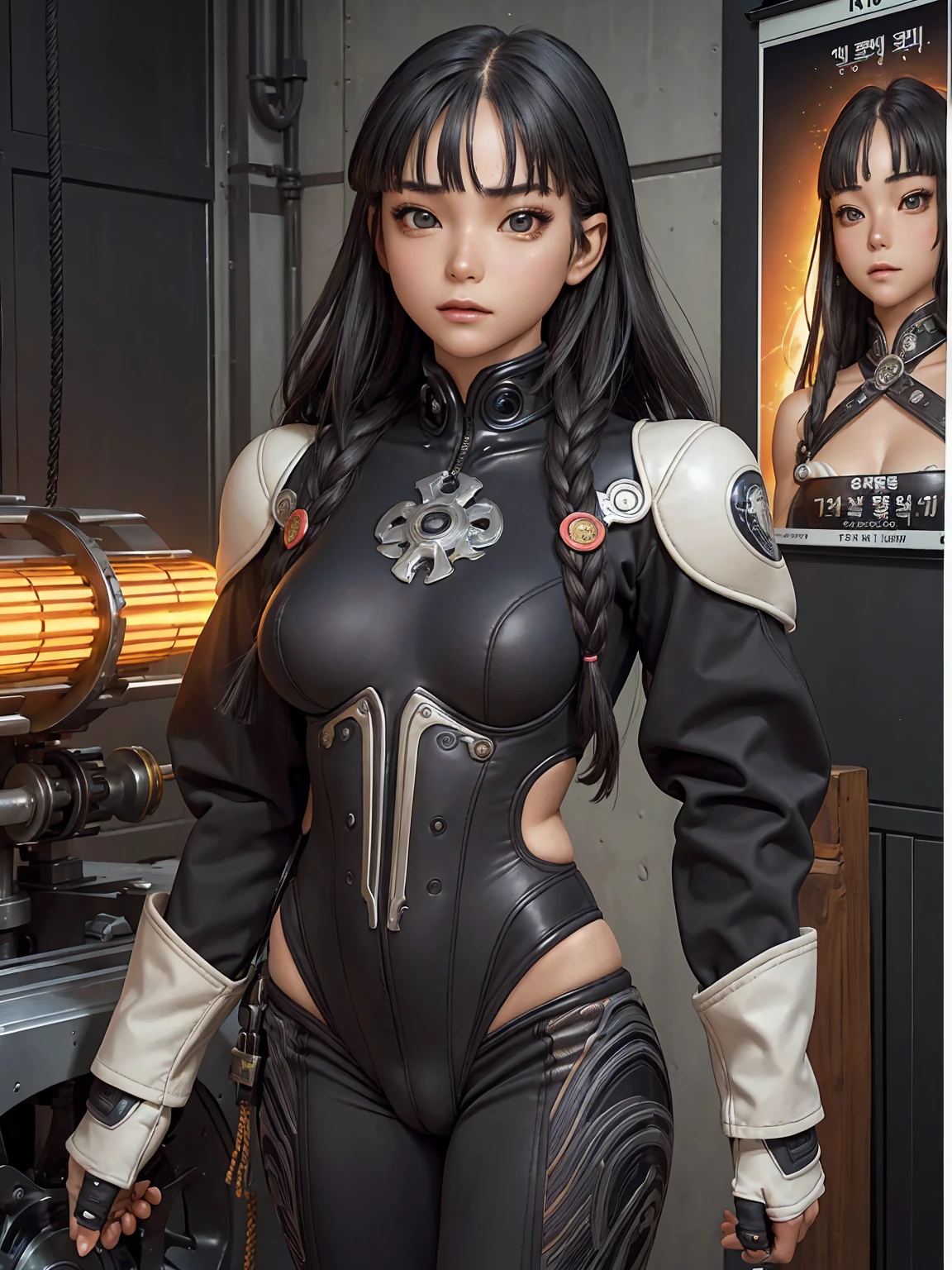 (((best final quality))), (((long black hair with straight bangs))), (((koreanDollLikeness))), ssmile(((standing alone:1.2))),(((1 girl:1.2))),((((beautiful perfect woman)))),(((perfectbody detalhado, perfect finger detailed))),((((((final film poster)))))),(((to burst, close up))),((((detailed complicated machine)))),(((((mechanical genius))))),(((American comics))),(((extreme highlights))),(((extremely colorful, primary colours))),neckleace, super beautiful lady,(((Typography))),text, (Unbeatable masterpiece), (hiper HD),(CG 8k hyper-realistic), (((brave face))), (((breasts big))), (((hyper feminine))), (((musclegirl))), sexly girl, king of fighter,(straight hair with thin braids)), ((( sculptural body ))), (((1 girl))), garota de 25 anos com perfectbody,,Beautiful and well-groomed face,muscular body:1.2,solid color detailed jacket, (Head to thigh photos), Complex equipment, (((standing alone))), pirralha violent, ((())), sexly, pose de atitude, work of art, post-apocalypse, (((manga style))), bounty hunter, violent, Manic, the way you want, slenderbody, thin but strong, perfectbody, roupa moderna, advanced technology, neon, sleeves with vertical striped pattern, intricate background, (( cowboy shot )). intricate visual